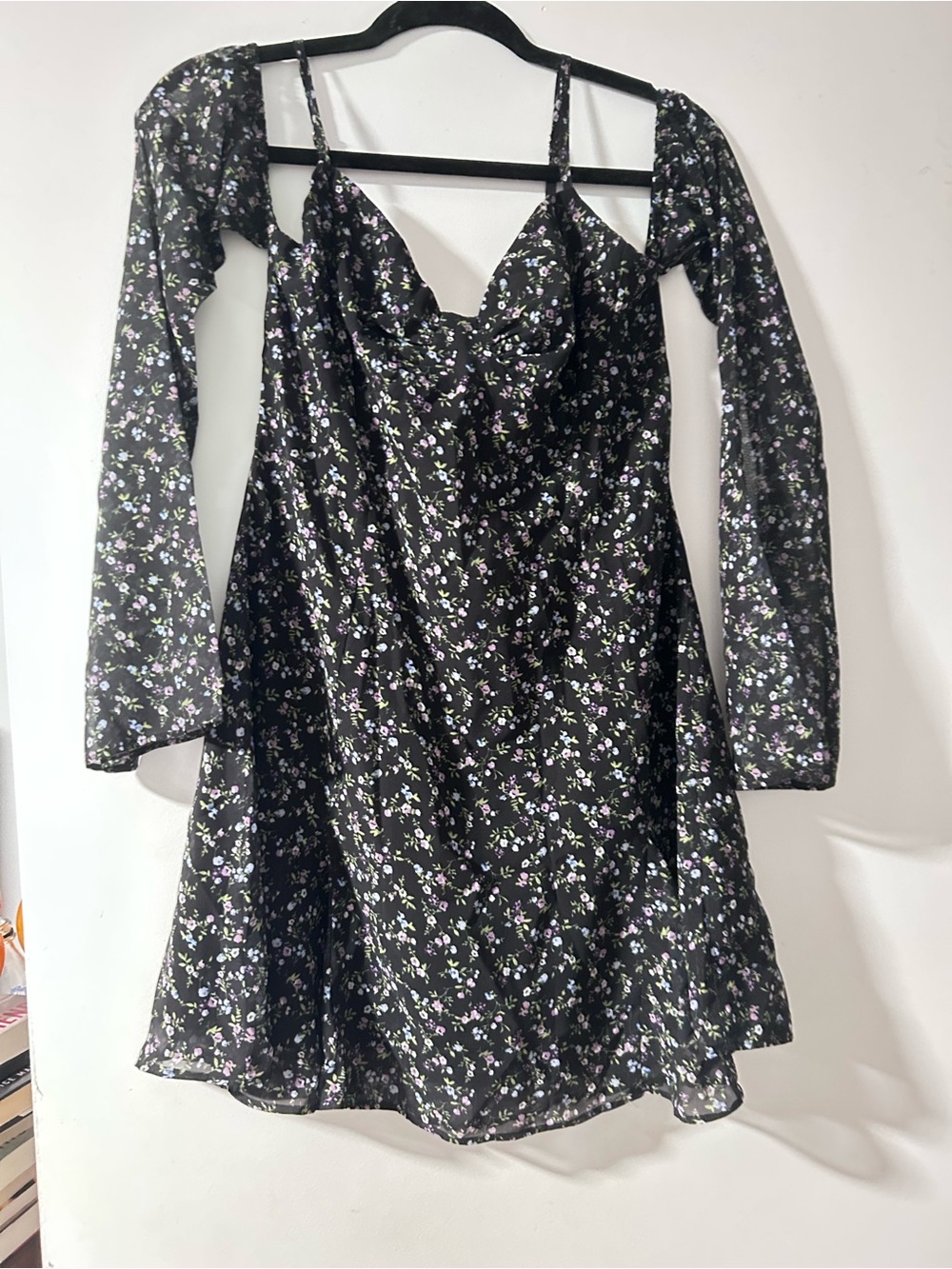 Princess Polly Black Floral Long Sleeve Mini Dress with Purple Accents - Picture 2 of 3